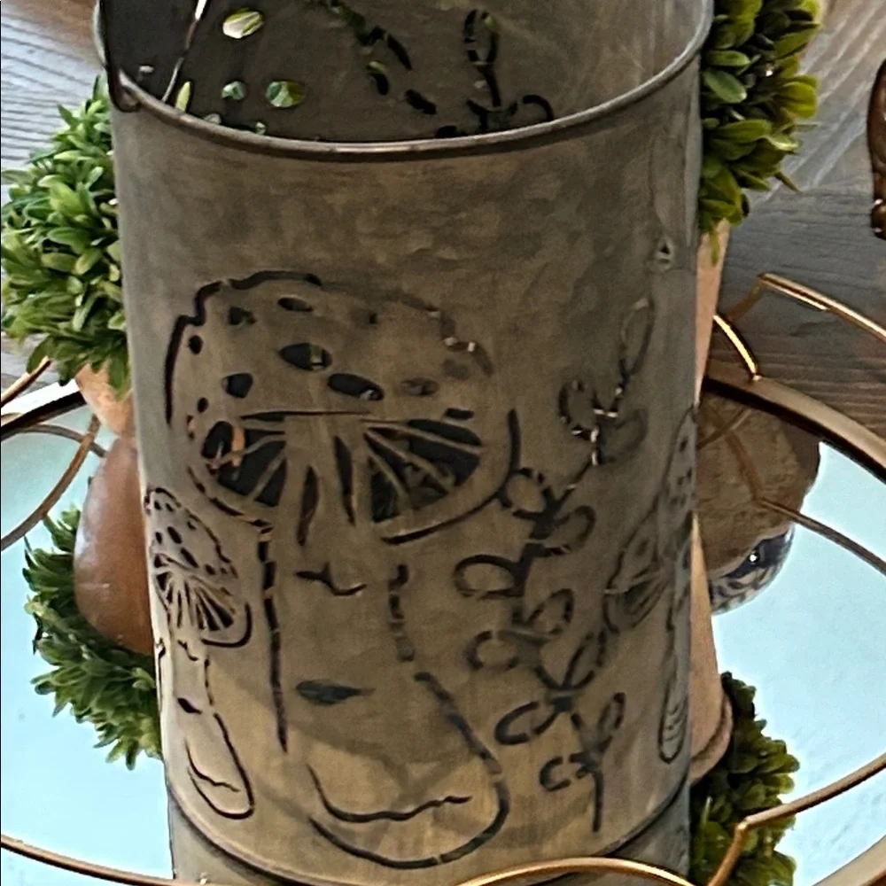 NEW! Enchanted Botanical Garden Mushroom & Butterfly Rustic Metal Lantern